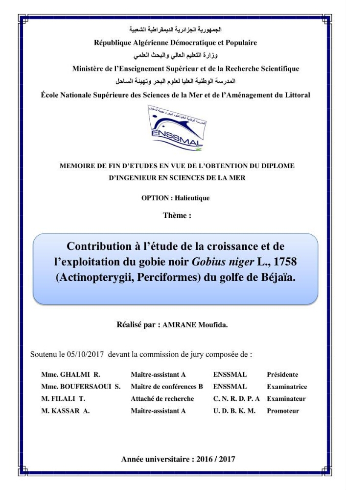 Contribution à l’étude de la croissance et de l’exploitation du gobie noir Gobius niger L., 1758 (Actinopterygii, Perciformes) du golfe de Béjaïa: