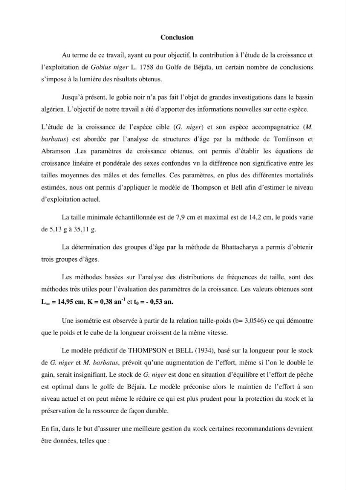 Contribution à l’étude de la croissance et de l’exploitation du gobie noir Gobius niger L., 1758 (Actinopterygii, Perciformes) du golfe de Béjaïa: