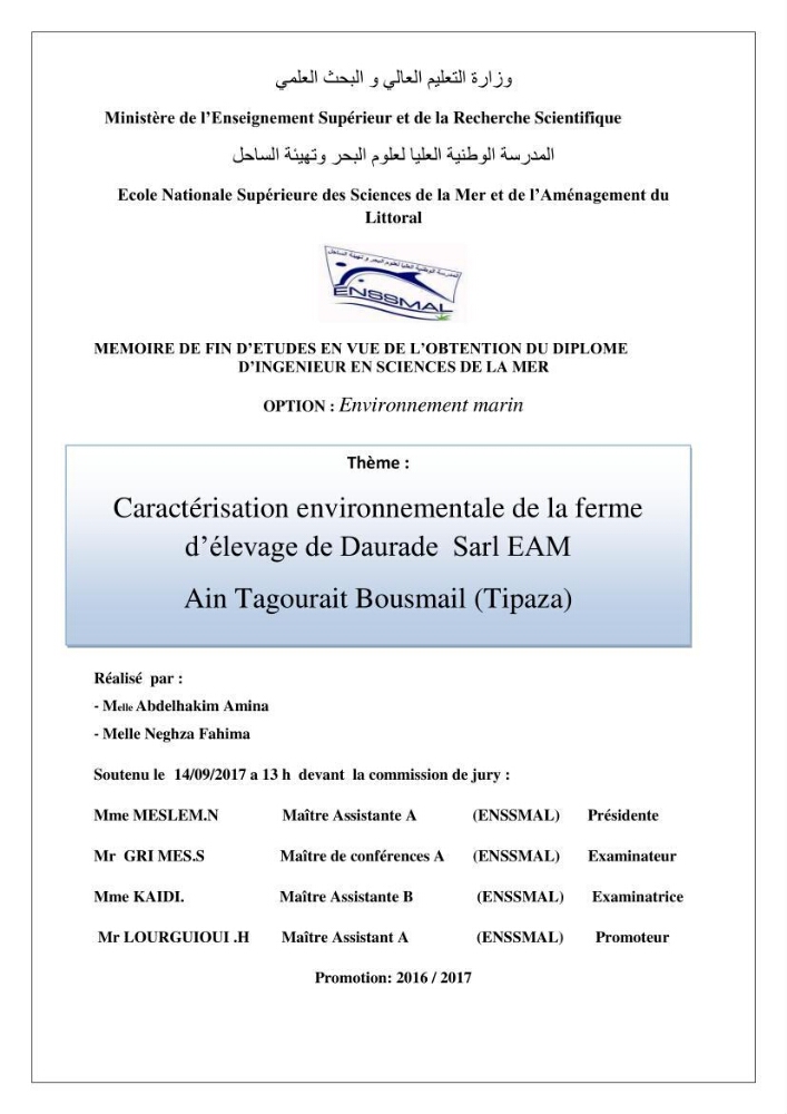 Caractérisation environnementale de la ferme d\'élevage de Daurade Sarl EAM
