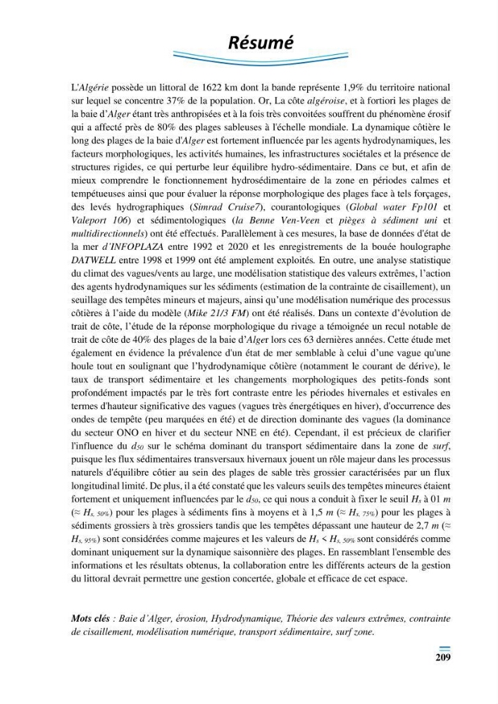 Evolution morpho-dynamique de la baie d’Alger: observation et modélisation hydrodynamique et sédimentaire