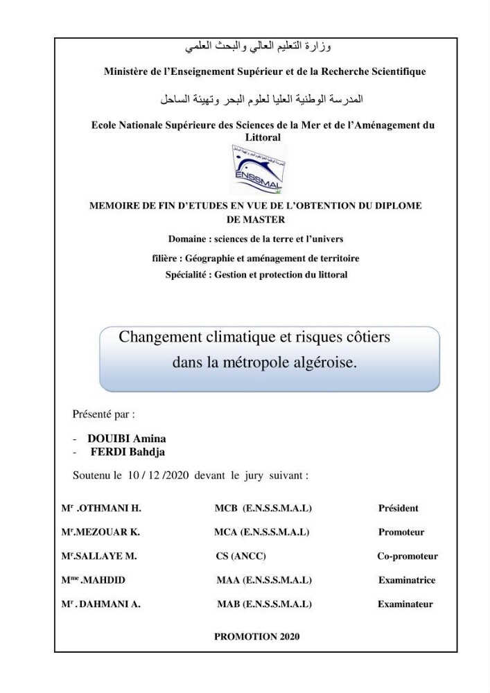Changement climatique et risques côtiers dans la métropole algéroise.: