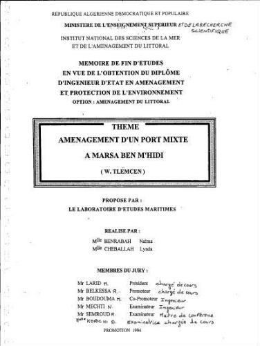 Aménagement d'un port mixte a Marsa Ben M'Hidi (W. Tlemcen) Aménagement d'un port mixte a Marsa Ben M'Hidi (W. Tlemcen)