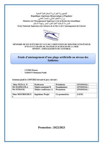 Etude d'aménagement d'une plage artificielle au niveau des sablettes Etude d'aménagement d'une plage artificielle au niveau des sablettes