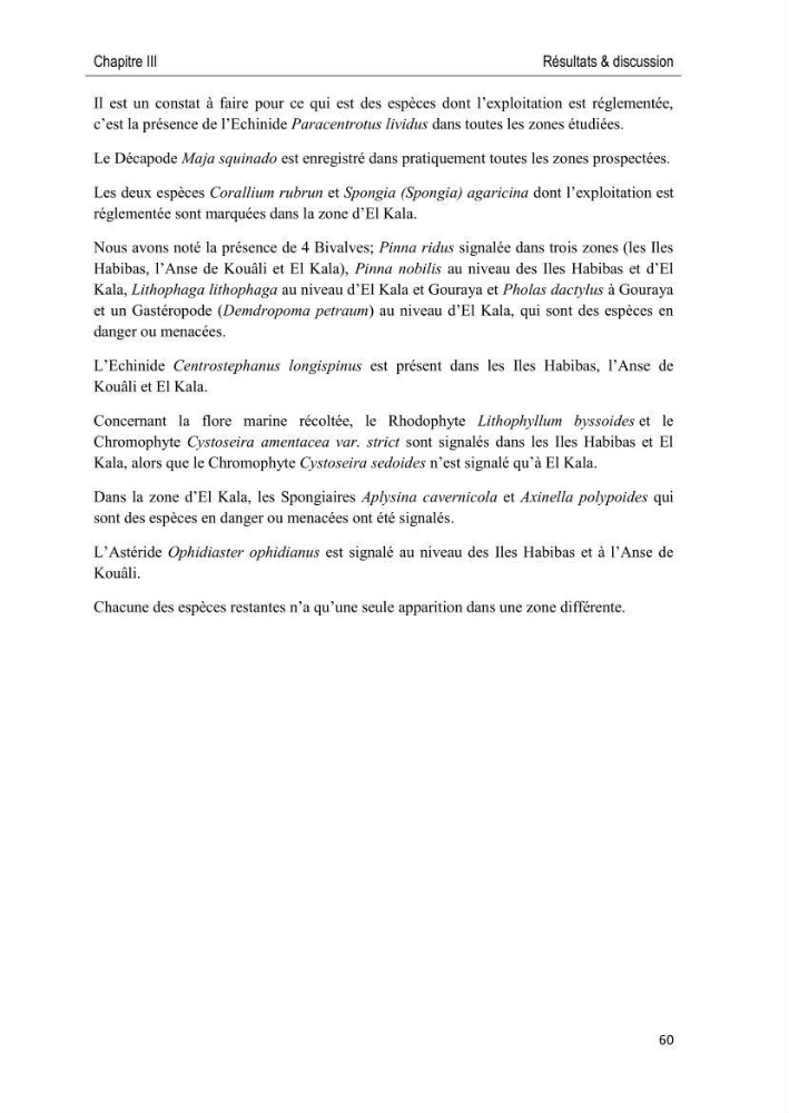 Caractérisation des peuplements benthiques des aires marines protégées en Algérie