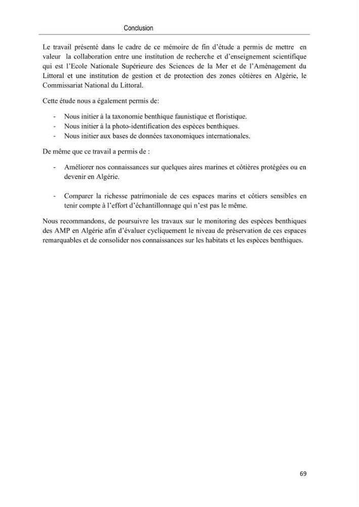 Caractérisation des peuplements benthiques des aires marines protégées en Algérie