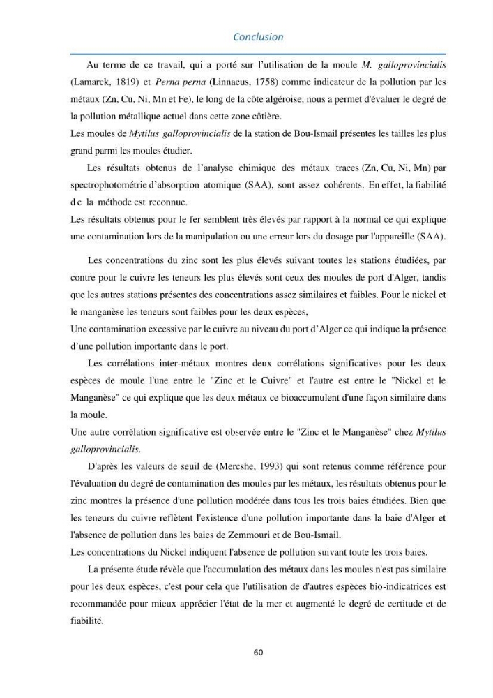 Etude des métaux traces chez les moules de la côte algeroise