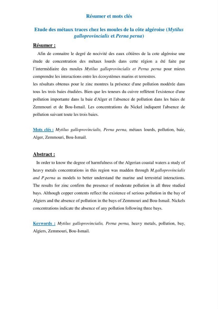 Etude des métaux traces chez les moules de la côte algeroise