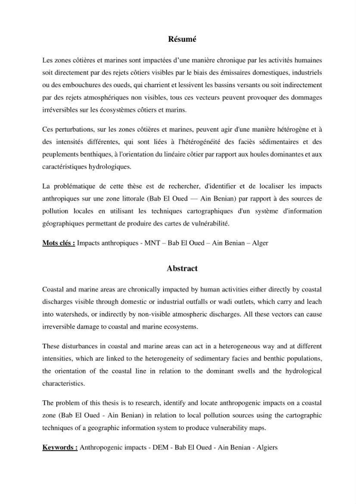 Evaluation des impacts anthropiques àpartir d\'un mna : modéle numérique d\'altimétrie d\'une zone littorale comprise entre bab eloude-ain benian alger