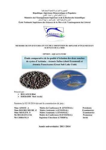 Etude comparative de la qualité d'éclosion des deux souches de cystes d'artemia: artémia salina (chott Ezzamoul) et artémia franciscana (Great Sait Lake Utah) Etude comparative de la qualité d'éclosion des deux souches de cystes d'artemia: artémia salina (chott Ezzamoul) et artémia franciscana (Great Sait Lake Utah)