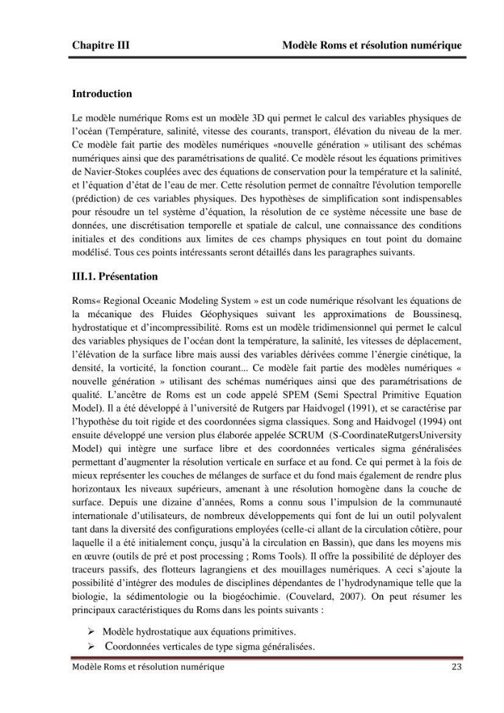 Modélisation numérique de la circulation océanique à l\'aide du modèle Roms Tools
