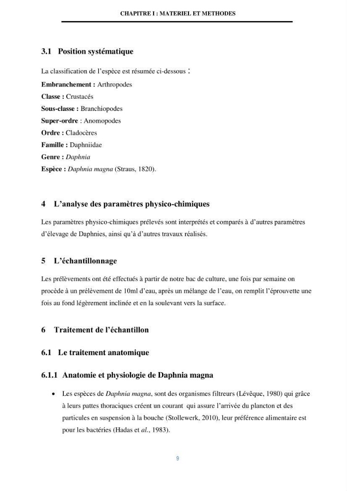 Mise en évidence des performances d\'un elevage d\'une souche de Daphnies: Daphnia magna