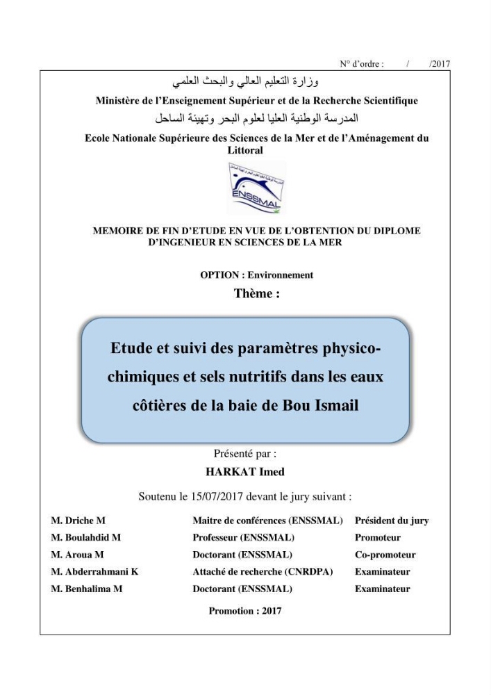 Etude et suivi des paramètres physico-chimiques et sels nutritifs dans les eaux côtières de la baie de Bou-Ismail