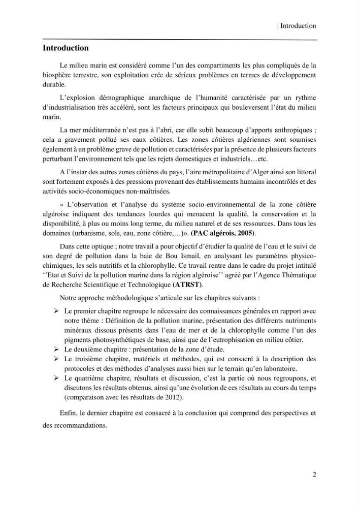 Etude et suivi des paramètres physico-chimiques et sels nutritifs dans les eaux côtières de la baie de Bou-Ismail