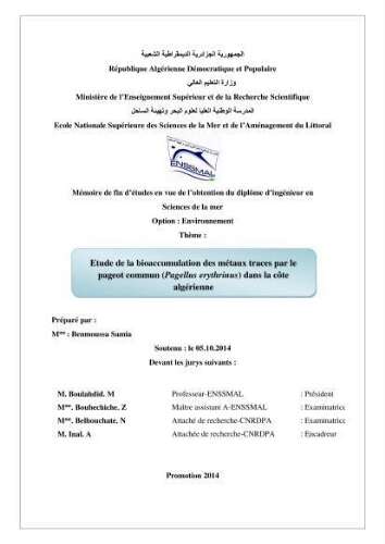 Etude de la bioaccumulation des métaux traces par le pageot commun ( Pagellus erythrinus ) dans la côte algérienne: Etude de la bioaccumulation des métaux traces par le pageot commun ( Pagellus erythrinus ) dans la côte algérienne: