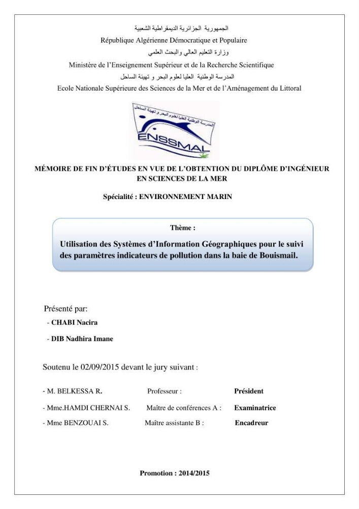 Utilisation des Systèmes d\'Information Géographiques pour le suivi des paramètres indicateurs de pollution dans la baie de Bou-Ismail