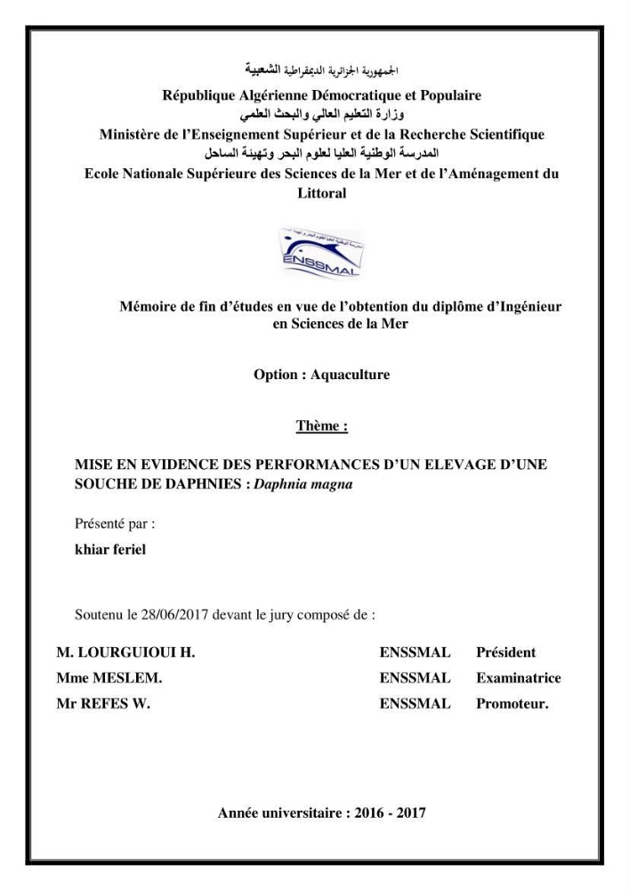 Mise en évidence des performances d\'un elevage d\'une souche de Daphnies: Daphnia magna: