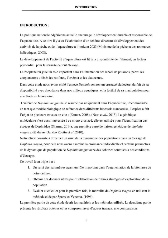Mise en évidence des performances d\'un elevage d\'une souche de Daphnies: Daphnia magna: