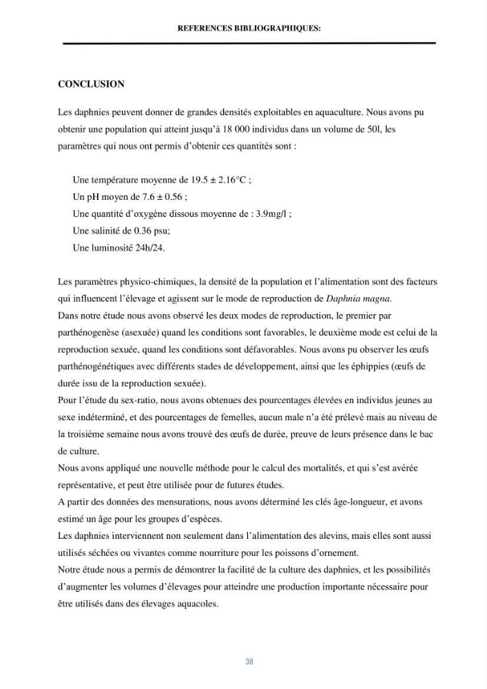 Mise en évidence des performances d\'un elevage d\'une souche de Daphnies: Daphnia magna: