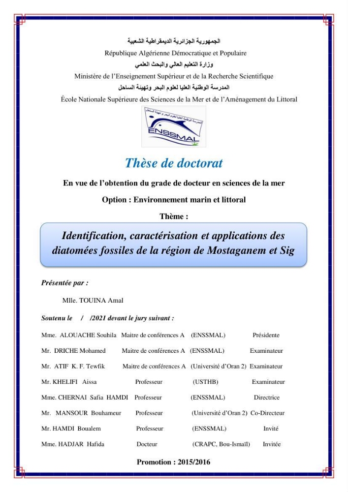 Identification, caractérisation et applications des diatomées fossiles de la région de Mostaganem