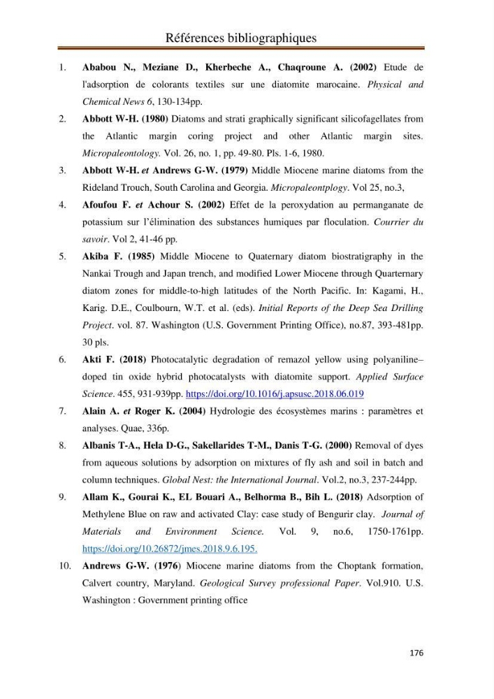 Identification, caractérisation et applications des diatomées fossiles de la région de Mostaganem