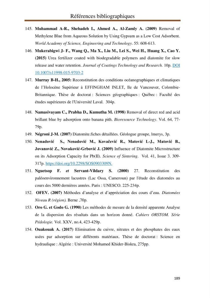 Identification, caractérisation et applications des diatomées fossiles de la région de Mostaganem
