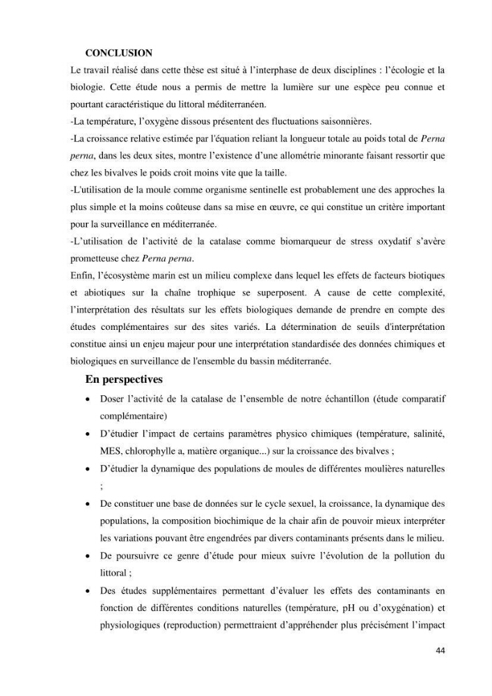 Mise au point d\'une technique de dosage de l\'activité des enzymes du stress oxydatif chez la moule Perna Perna (Linnaeus 1758 .