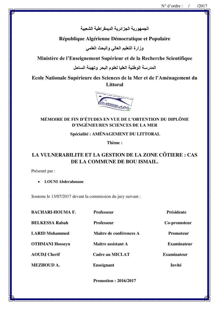 La vulnérabilité et la gestion de la zone côtière : cas de la commune de Bou-Ismail