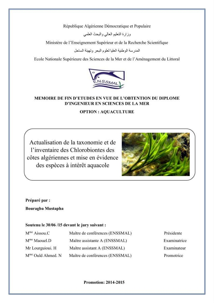 Actualisation de la taxonomie et de l\'inventaire des chlorobiontes des côtes Algériennes et mise en évidence des espèces aquacole:
