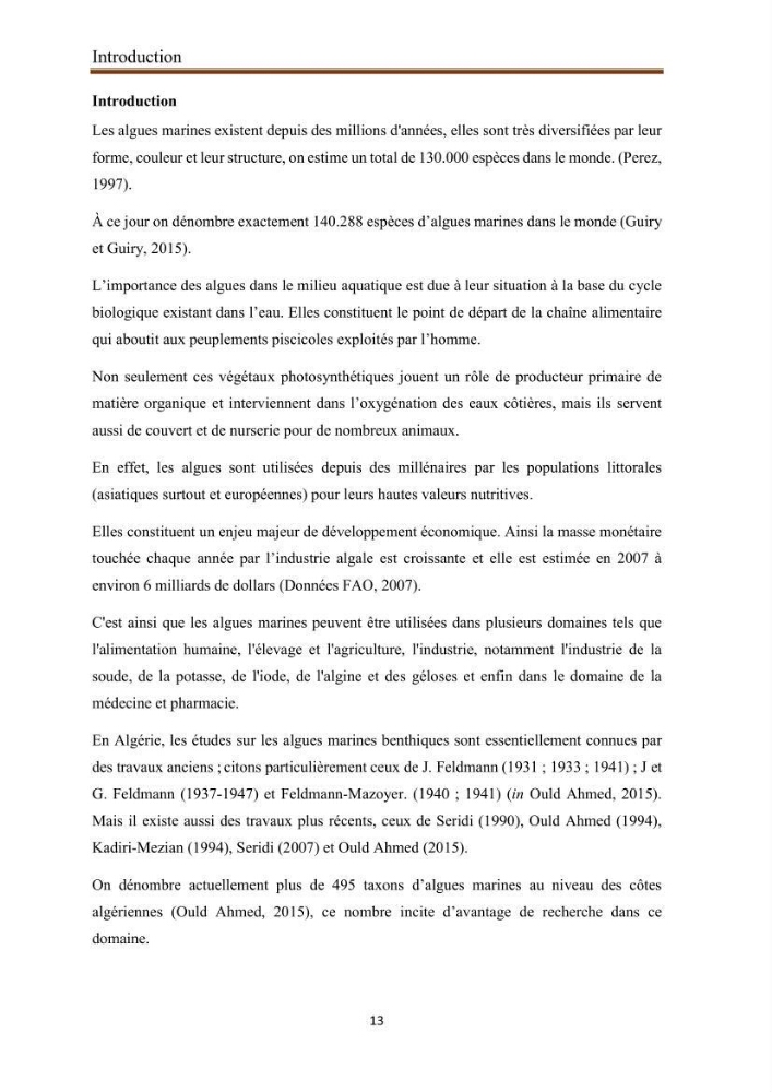 Actualisation de la taxonomie et de l\'inventaire des chlorobiontes des côtes Algériennes et mise en évidence des espèces aquacole: