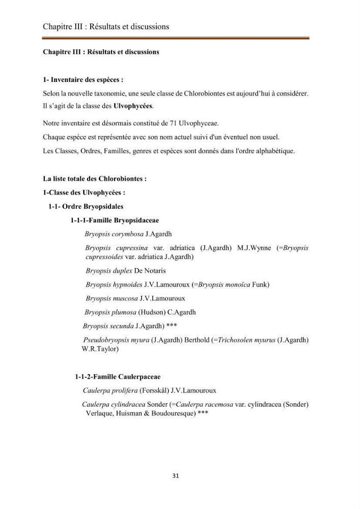 Actualisation de la taxonomie et de l\'inventaire des chlorobiontes des côtes Algériennes et mise en évidence des espèces aquacole: