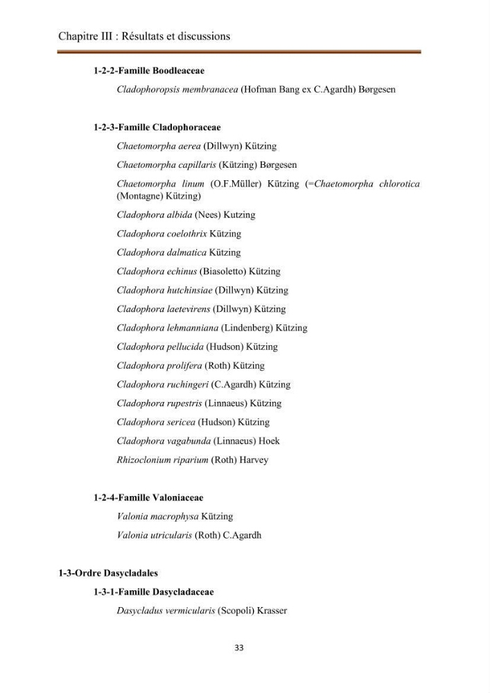 Actualisation de la taxonomie et de l\'inventaire des chlorobiontes des côtes Algériennes et mise en évidence des espèces aquacole: