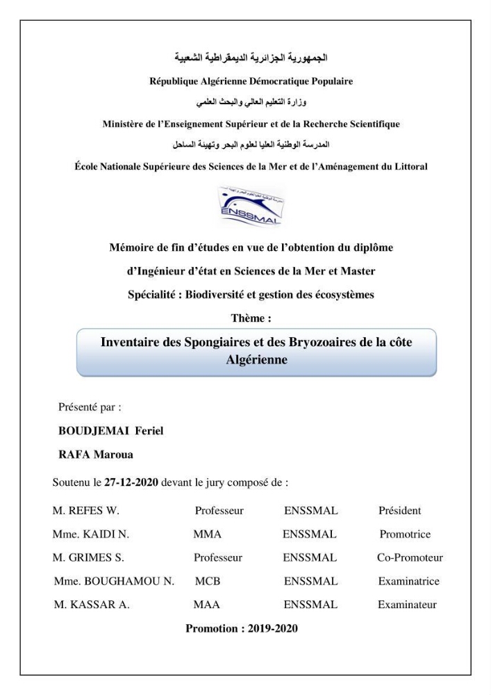 Inventaire des Spongiaires et des Bryozoaires de la côte Algérienne