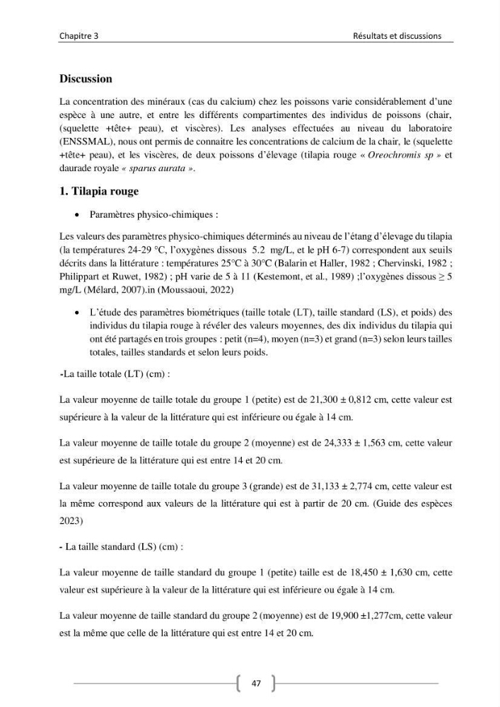 Composition minérale (cas du calcium) de deux espèces aquacoles le tilapia rouge (Oreochromis sp) et la daurade royale (sparus aurata).