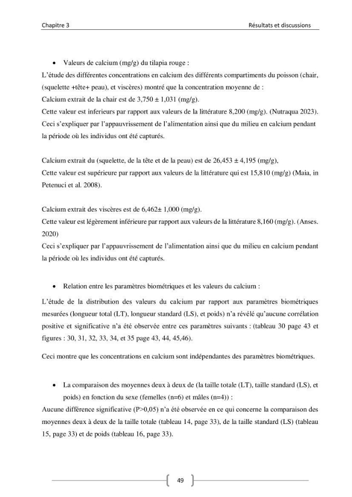 Composition minérale (cas du calcium) de deux espèces aquacoles le tilapia rouge (Oreochromis sp) et la daurade royale (sparus aurata).