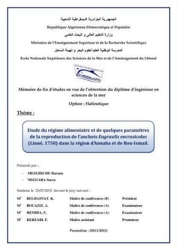 Etude du régime alimentaire et de quelques paramètres de la reproduction de l'anchois Engraulis encrasicolus (Linné, 1758) dans la région d'Annaba et de Bou-Ismail: Etude du régime alimentaire et de quelques paramètres de la reproduction de l'anchois Engraulis encrasicolus (Linné, 1758) dans la région d'Annaba et de Bou-Ismail: