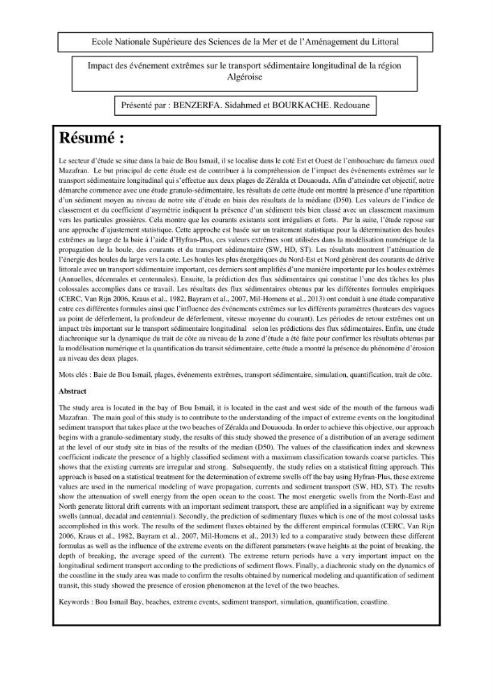 Impact des évenement extrêmes sur le transport sédimentaire longitudinal: cas d\'étude de la région Algéroise