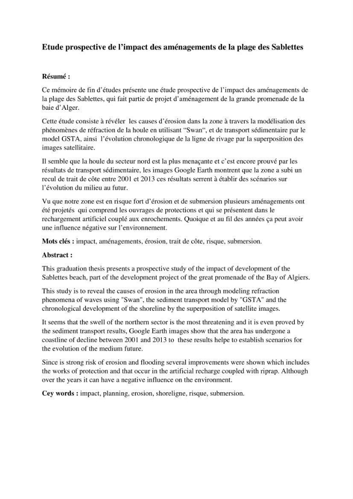 Etude prospective de l\'impact des aménagement de la plage des Sablettes: