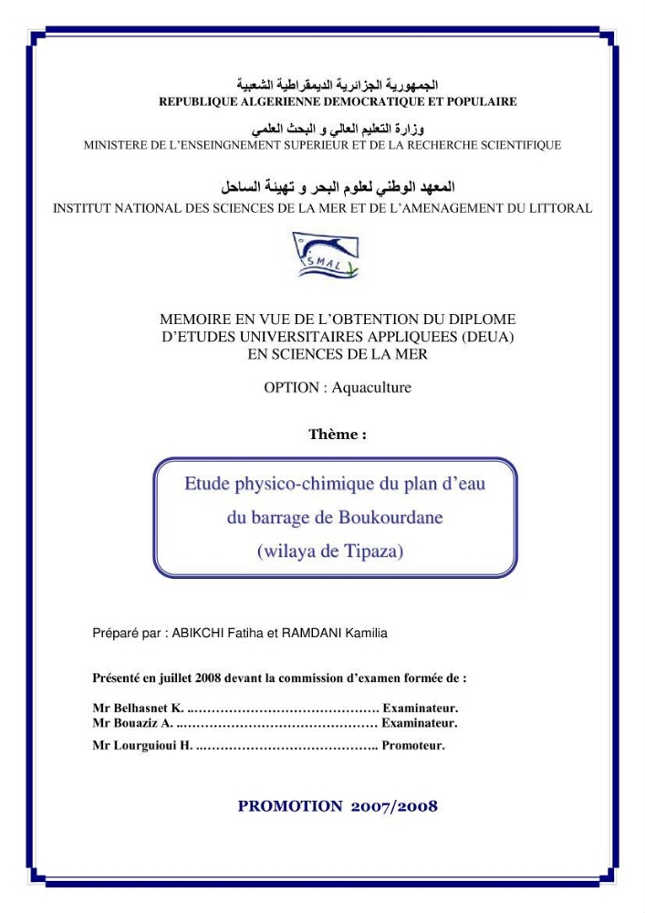 Etude physico-chimique du plan d\'eau du barrage de Boukourdane (wilaya de Tipaza)