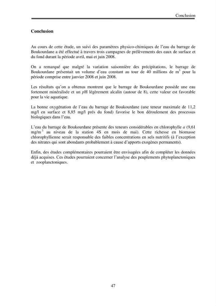Etude physico-chimique du plan d\'eau du barrage de Boukourdane (wilaya de Tipaza)