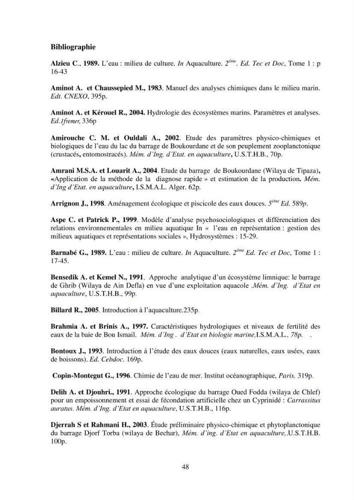 Etude physico-chimique du plan d\'eau du barrage de Boukourdane (wilaya de Tipaza)