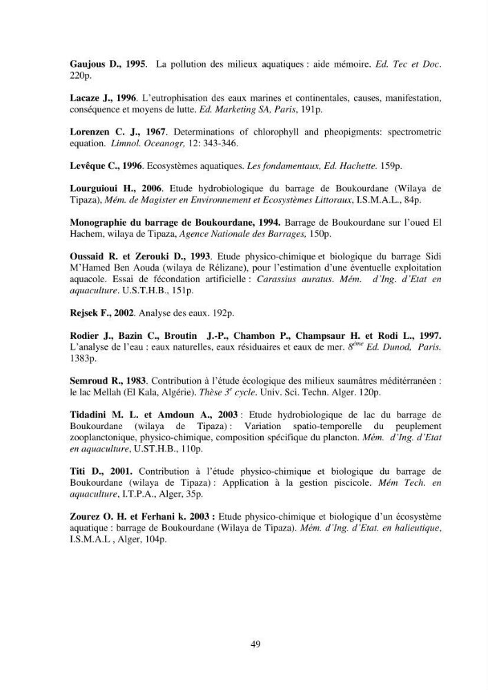 Etude physico-chimique du plan d\'eau du barrage de Boukourdane (wilaya de Tipaza)