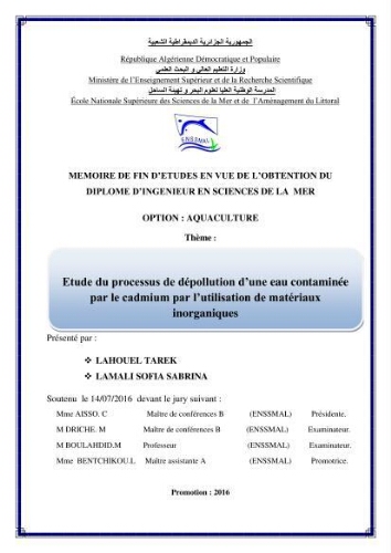 Etude du processus de dépollution d'une eau contaminée par le cadmium par l'utilisation de matériaux inorganiques: Etude du processus de dépollution d'une eau contaminée par le cadmium par l'utilisation de matériaux inorganiques: