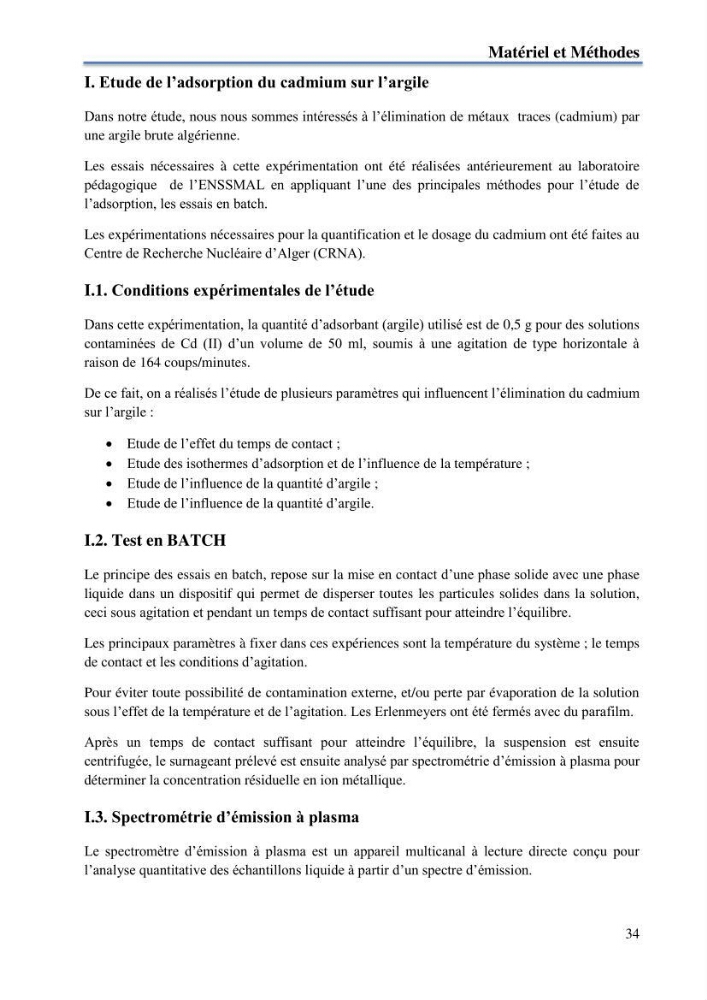Etude du processus de dépollution d\'une eau contaminée par le cadmium par l\'utilisation de matériaux inorganiques:
