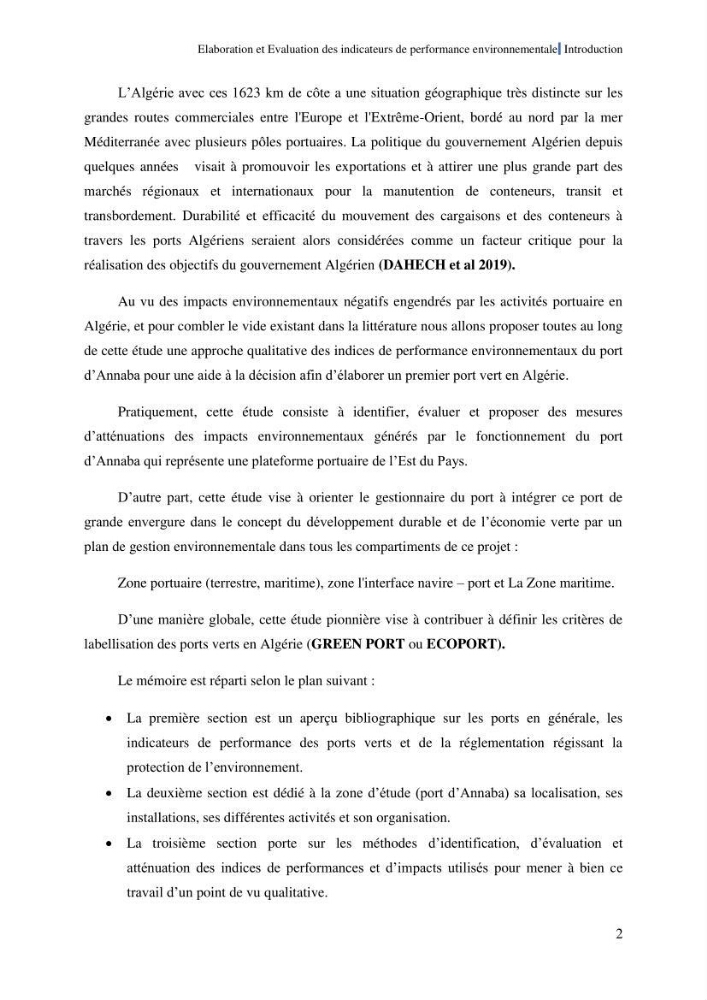 Elaboration des indicateurs de performance environnementale pour l’évaluation d’un port vert en Algérie