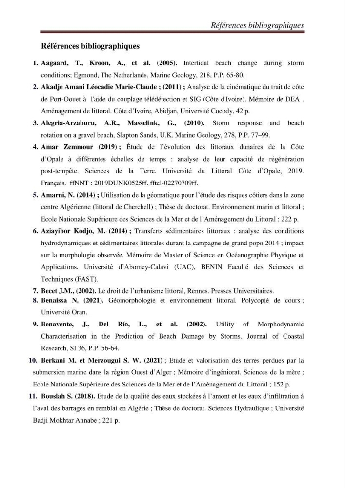 Etude de la cinématique côtière du littoral Ouest de la wilaya de Tipasa (Sidi Ghiles à Damous)