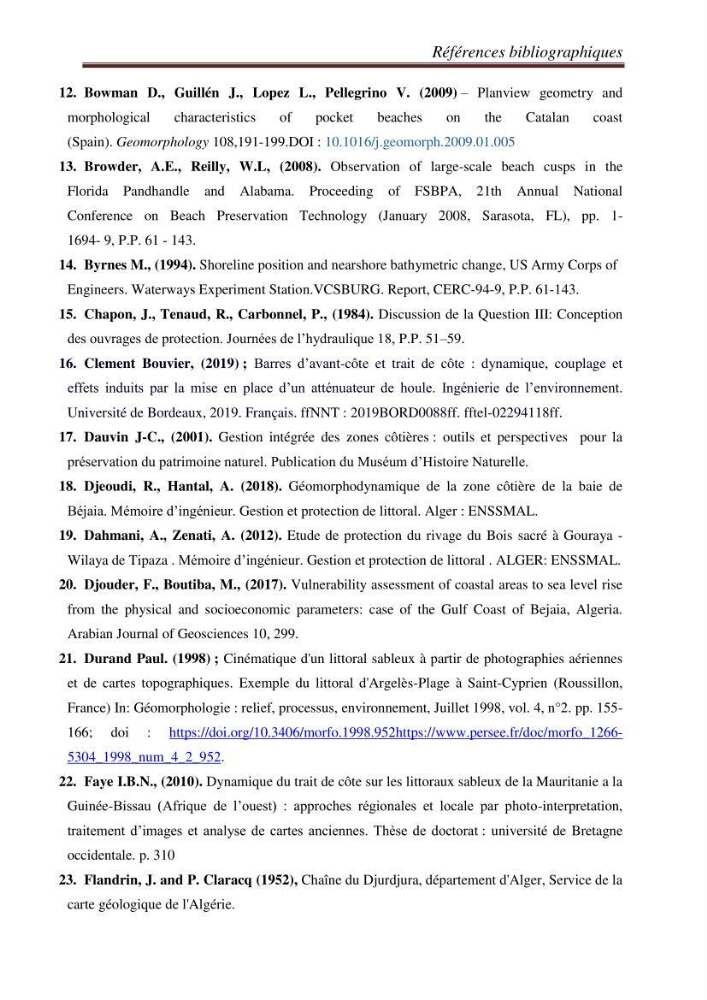 Etude de la cinématique côtière du littoral Ouest de la wilaya de Tipasa (Sidi Ghiles à Damous)