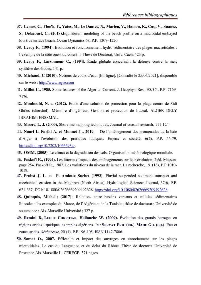 Etude de la cinématique côtière du littoral Ouest de la wilaya de Tipasa (Sidi Ghiles à Damous)