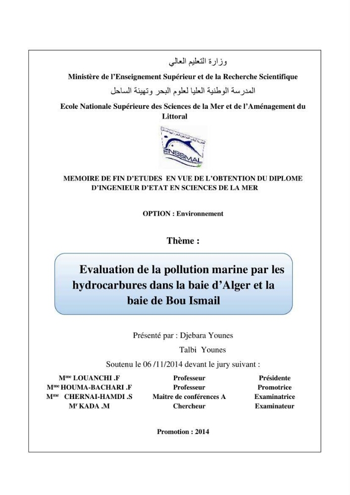 Evaluation de la pollution marine par les hydrocarbures dans la baie d\'Alger et la baie de Bou-Ismail