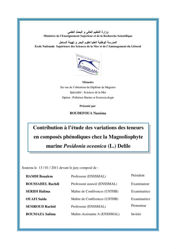 Contribution à l\'étude des variations des teneurs en composés phénoliques chez la Magnoliophyte marine Posidonia oceanica (L.) Delile