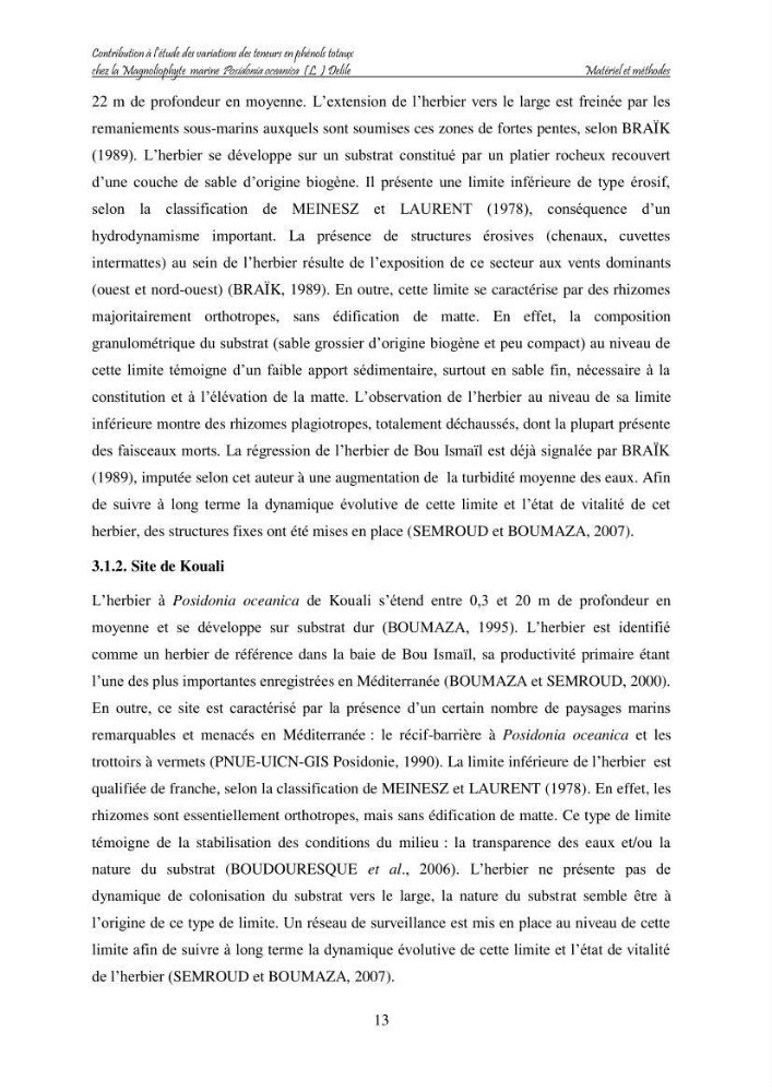 Contribution à l\'étude des variations des teneurs en composés phénoliques chez la Magnoliophyte marine Posidonia oceanica (L.) Delile